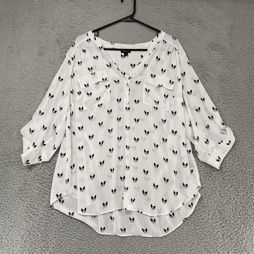 Torrid Dog Print Tunic Top Womens 2X French Bulldog Semi Sheer Roll Tab Harper